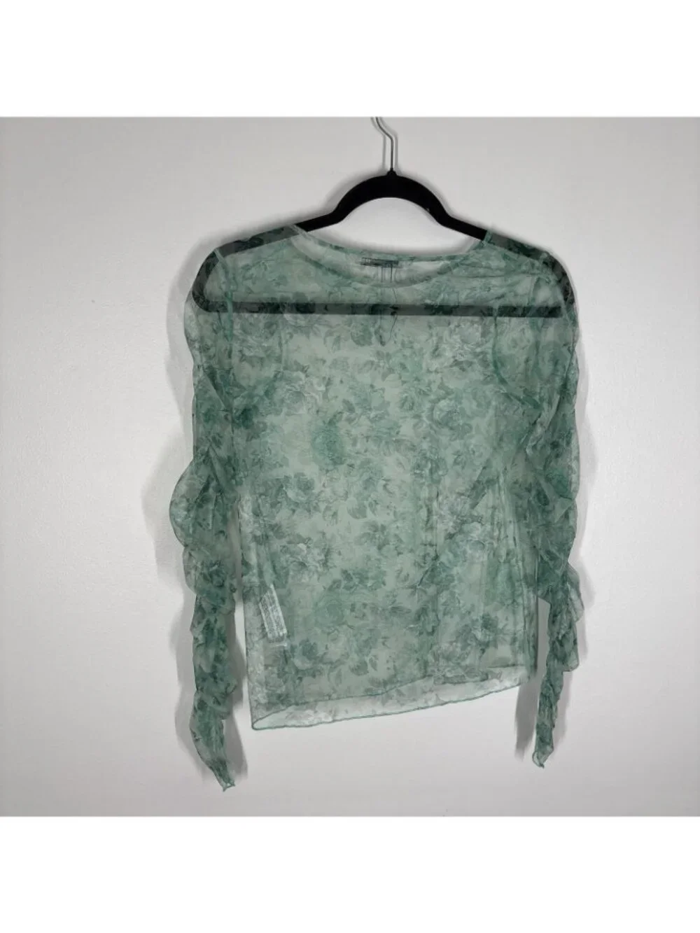 Zara Women M Green Floral Mesh Sheer Y2K Ruched Long Sleeve Blouse NWOT